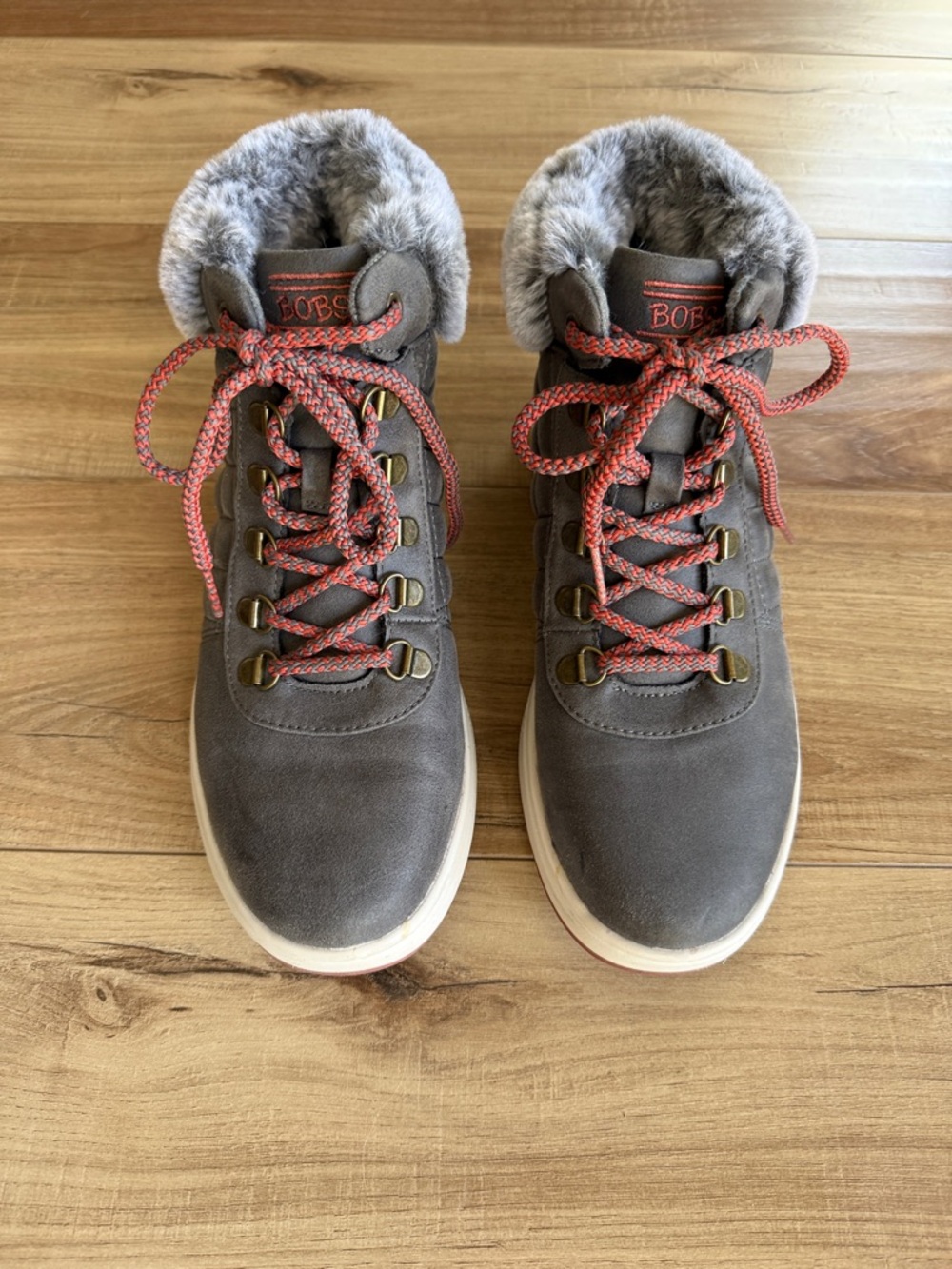 Skechers Gray Faux-Fur Collar Winter Boots with Coral Laces